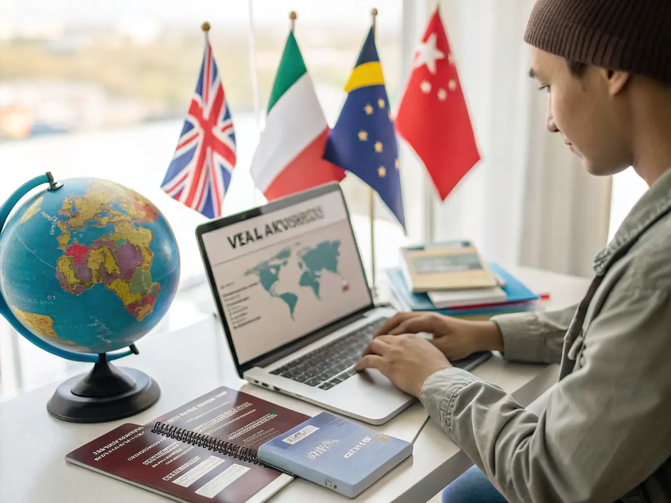A person reviewing visa documents with a world map in the background, symbolizing global travel and visa processing.