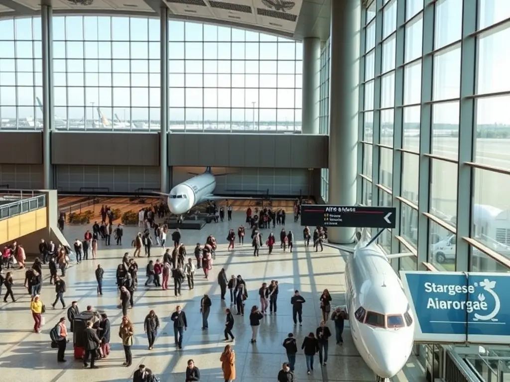A brightly lit, modern airport terminal with people walking with luggage, emphasizing the ease and convenience of air travel booking services.