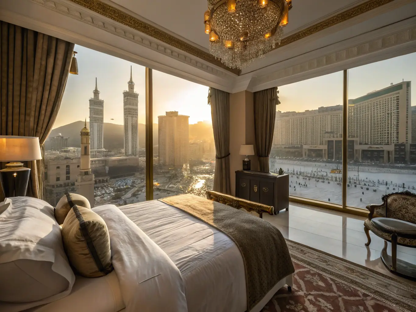 A luxurious hotel suite overlooking the Haram in Mecca, representing the premium accommodations offered in the Deluxe Hajj & Umrah package.