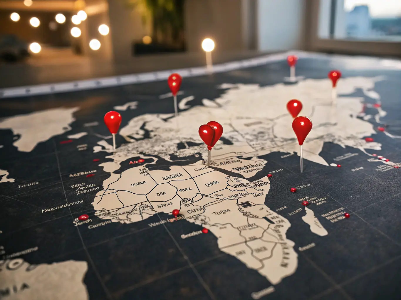 A world map with pins indicating popular travel destinations, showcasing the global reach and destination options available through Tradeliz Limited.