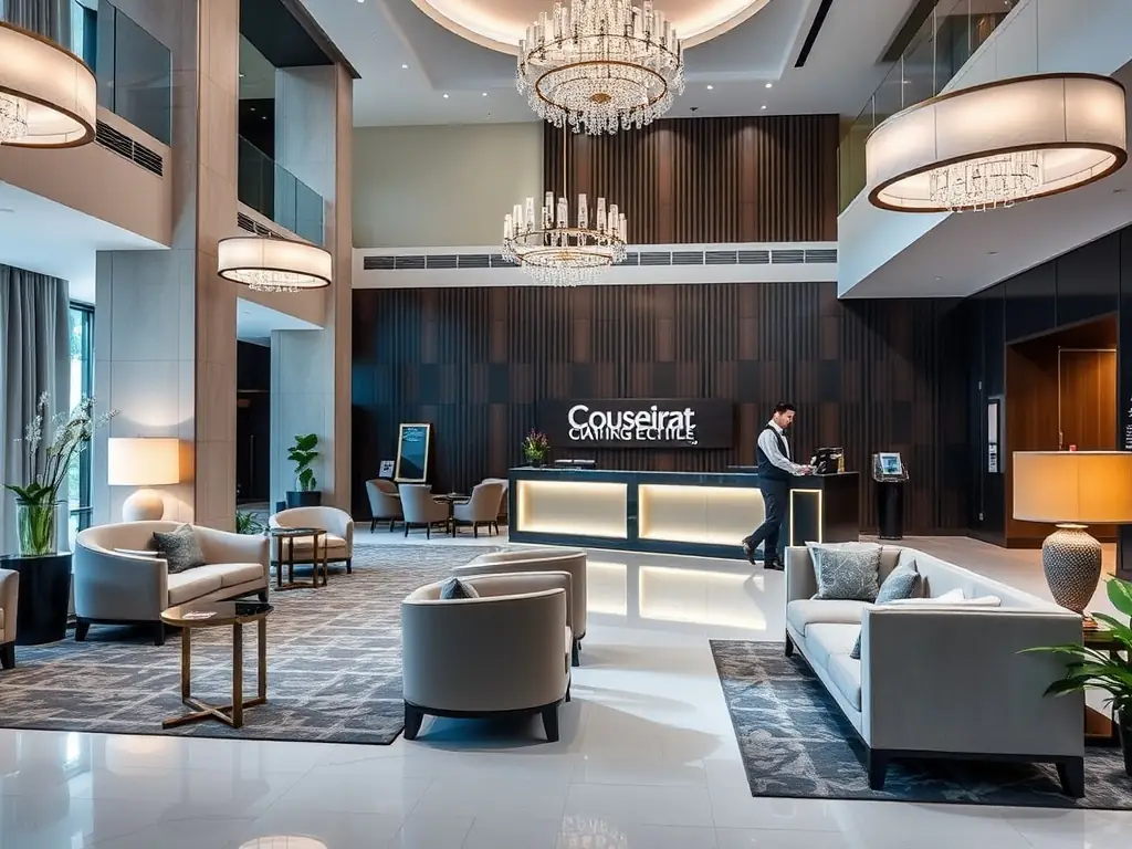 A luxurious hotel lobby with comfortable seating and a concierge desk, highlighting the quality and variety of hotel booking options.