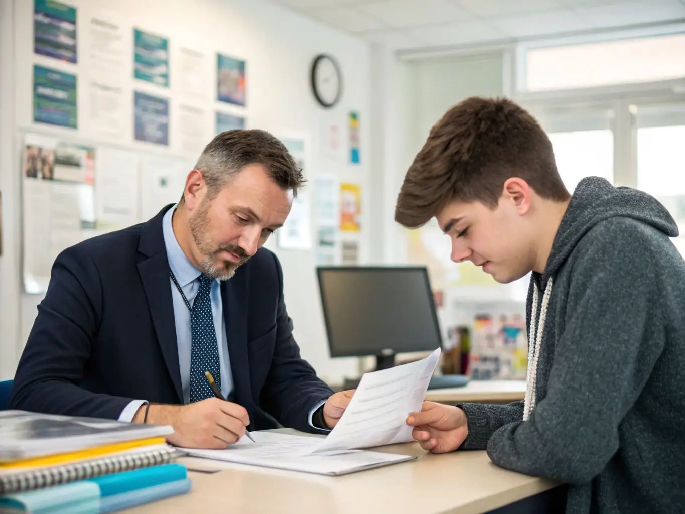 A professional assisting a student with their application documents, representing student visa services.